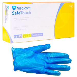 SafeTouch Vinyl, синие, 11133 (Medicom) Перчатки виниловые смотровые без пудры нестерильные, 50 пар