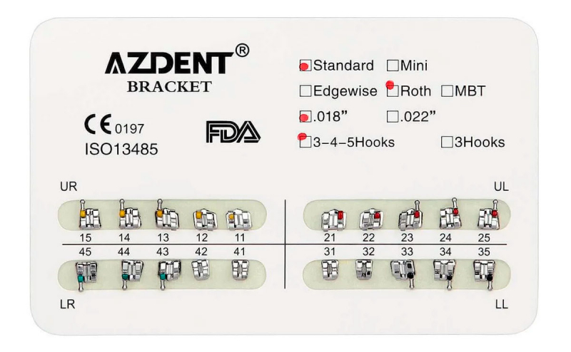 Металеві брекети Azdent Standart Roth (hooks 3-4-5, 20 шт)