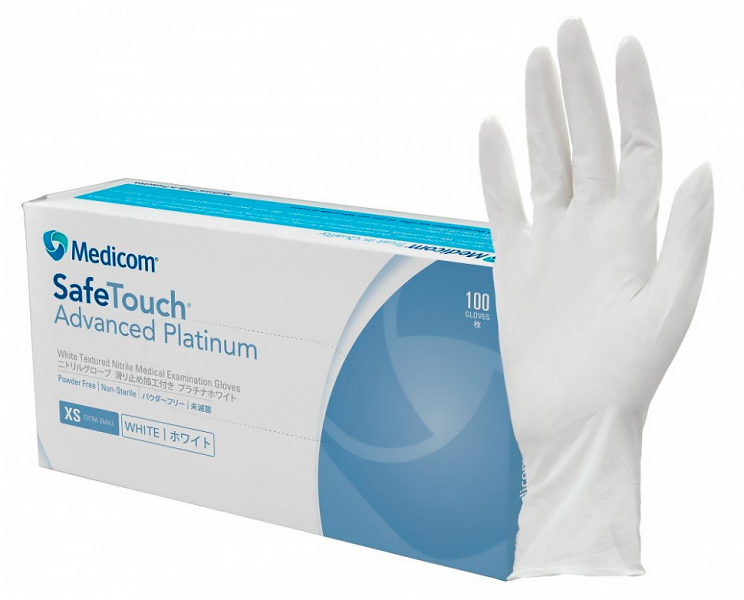 SafeTouch Advanced Platinum White белые, 1174, 3.6 г (Medicom) Перчатки смотровые нитриловые текстурированные без пудры н/с, 50 пар