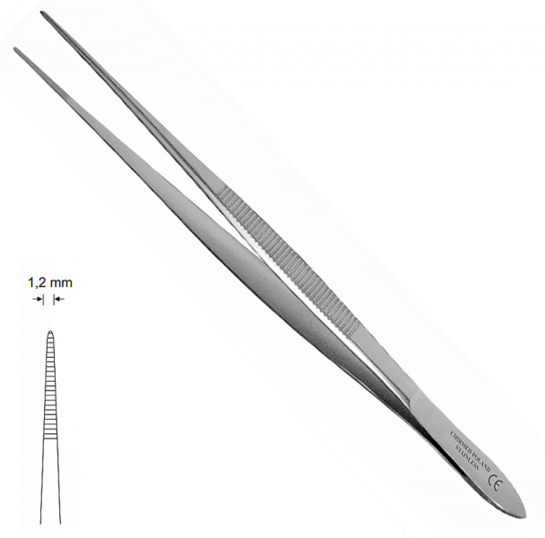 ST 12 (Chirmed) Пінцет прямий, з насічкою, 1.2 мм, 160 мм