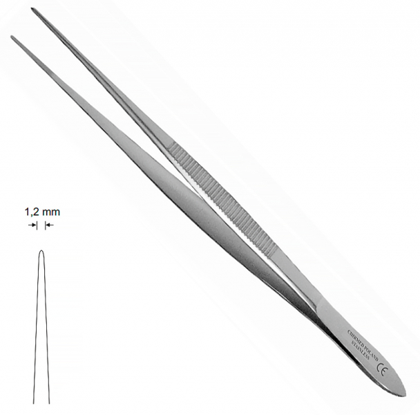 ST 13 (Chirmed) Пінцет прямий, гладкий, 1.2 мм, 160 мм
