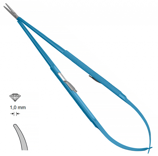 MK 79/T/SR, TITANIUM (Chirmed) Микрохирургический держатель игл (185 мм, с замком, изогнутый кончик 1,0 мм)