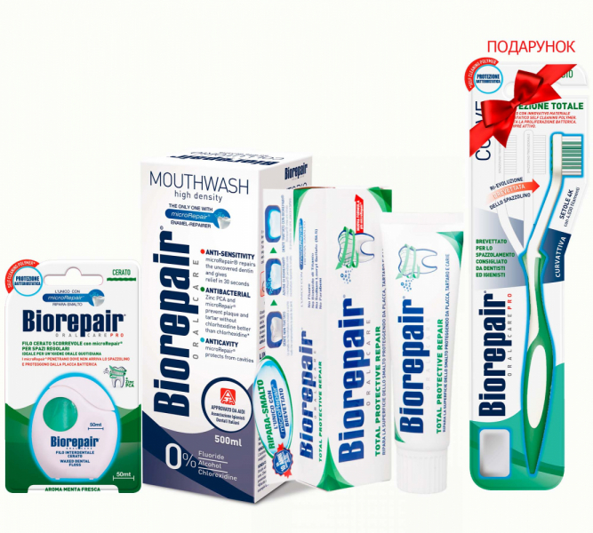 Набір Biorepair Досконалий догляд (зубна паста, ополіскувач, флос + зубна щітка) 8017331055113