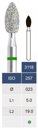 Бор алмазний Microdont 3118C (2.3 мм, полум'яний, зелений)