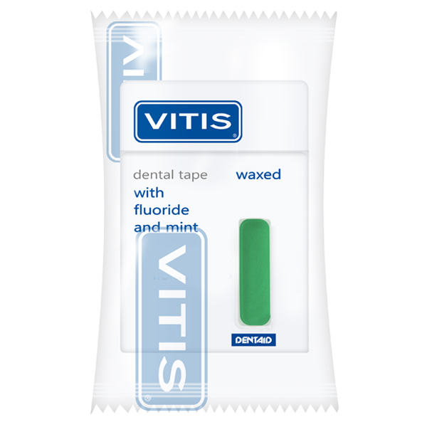 Зубна стрічка DENTAID VITIS CAMPAIGN, with fluoride and mint, 50 м (вощене, широке, зелене маркування, поліетиленова упаковка)
