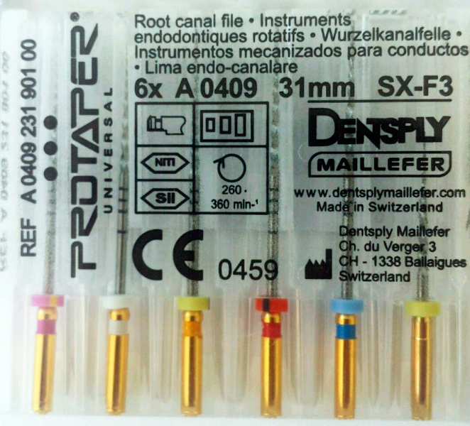 ProTaper Universal, SX-F3, 31 мм (Dentsply) Машинні нікель-титанові файли, 6 шт (копія)