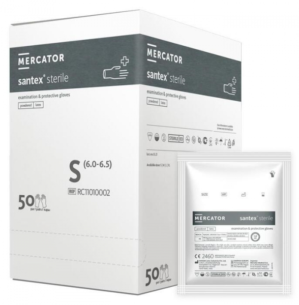 Латексные перчатки опудренные, стерильные Mercator Medical Santex Sterile, 50 пар (белые, размер - М)