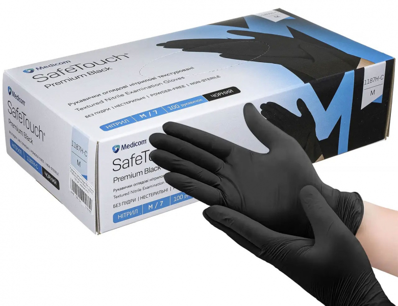 SafeTouch Advanced Black, 1187H, 5 г (Medicom) Перчатки смотровые нитриловые текстурированные без пудры н/с, 50 пар