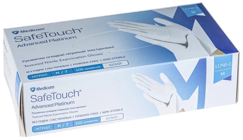 SafeTouch Advanced Platinum White 1174-PC, 3,5 г (Medicom) Перчатки оглядові нітрилові, текстуровані, без пудри нестерильні, 50 пар