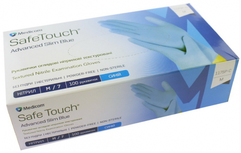 SafeTouch Slim Blue блакитні, 1175P, 3.5 г (Medicom) Рукавички оглядові нітрилові текстуровані без пудри н/с, 50 ​​пар