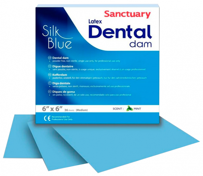 Коффердам латексний Sanctuary Dental Dam Silk Blue 152х152 мм, 36 шт (блакитний, м'ятний)