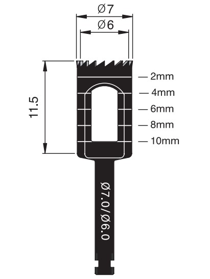 Трепан Osung TPHB-B7, (d - вн. 6 мм, внеш. 7 мм, L - 11,5 мм (для углового наконечника)