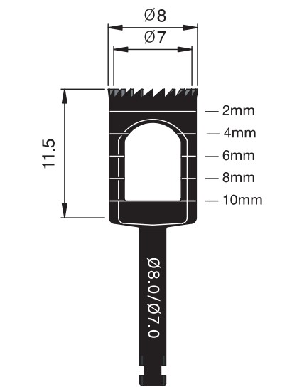 Трепан Osung TPHB-B8, (d - вн. 7 мм, зовніш. 8 мм, L - 11,5 мм (для кутового наконечника)