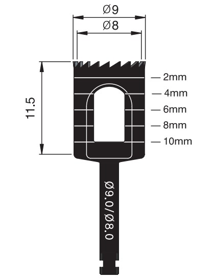 Трепан Osung TPHB-B9, (d - вн. 8 мм, зовніш. 9 мм, L - 11,5 мм (для кутового наконечника)