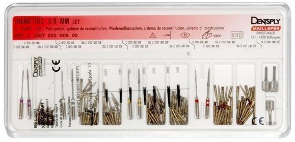 Unimetric ROOT-POST TITANIUM, Набір, конус - 0,8 (Dentsply) Штифти титанові, 145 шт+8 дрилів+3 ключі