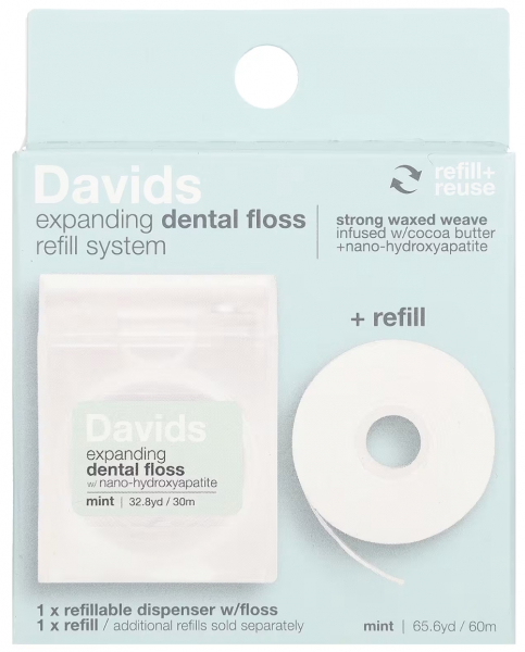 Зубная нить Davids expanding dental floss, Dispenser + Refill (диспенсер + рефил, 60 м) 850046443077