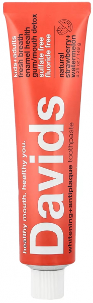 Зубная паста Davids kids + adults whitening + antiplaque premium, клубничный арбуз, 149 г (для отбеливания зубов и устранения зубного налета) 861226000089